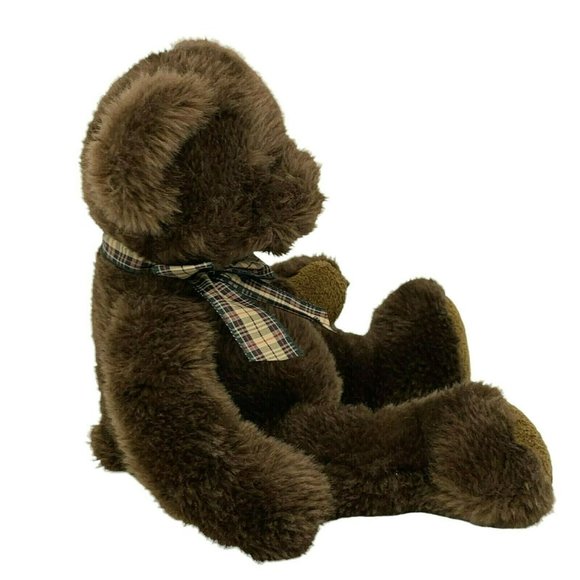 RUSS-BERRIE Espresso Teddy Bear Dark Brown 15" Plush Plaid Bow Pellets - Picture 3 of 6